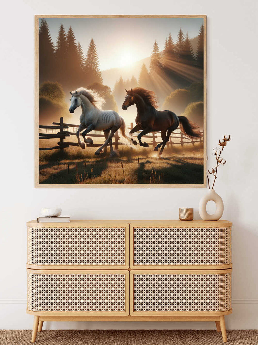 Painting of two horses running freely in a sunlit forest landscape, displayed above a modern wooden dresser with decorative items.
