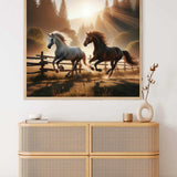 Painting of two horses running freely in a sunlit forest landscape, displayed above a modern wooden dresser with decorative items.