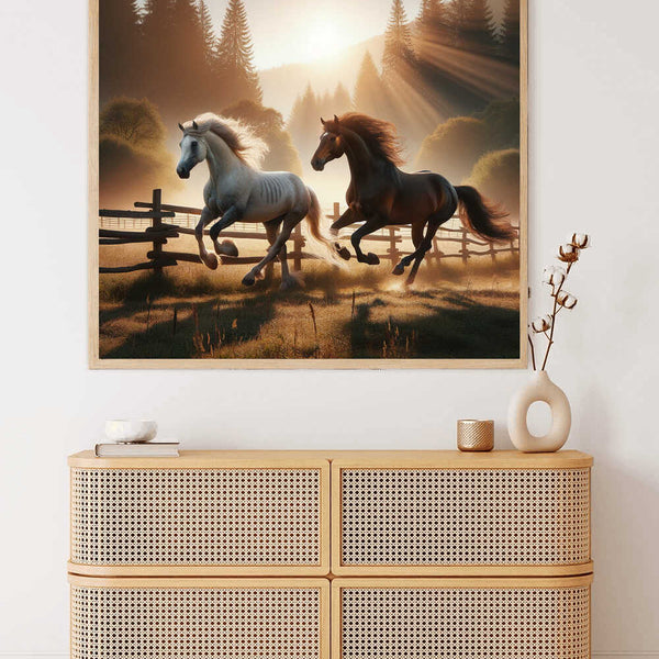 Painting of two horses running freely in a sunlit forest landscape, displayed above a modern wooden dresser with decorative items.