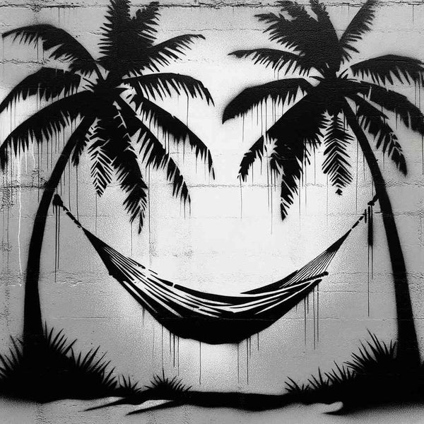 Monochrome painting by numbers kit featuring a tranquil tropical scene with two palm trees and a hammock.
