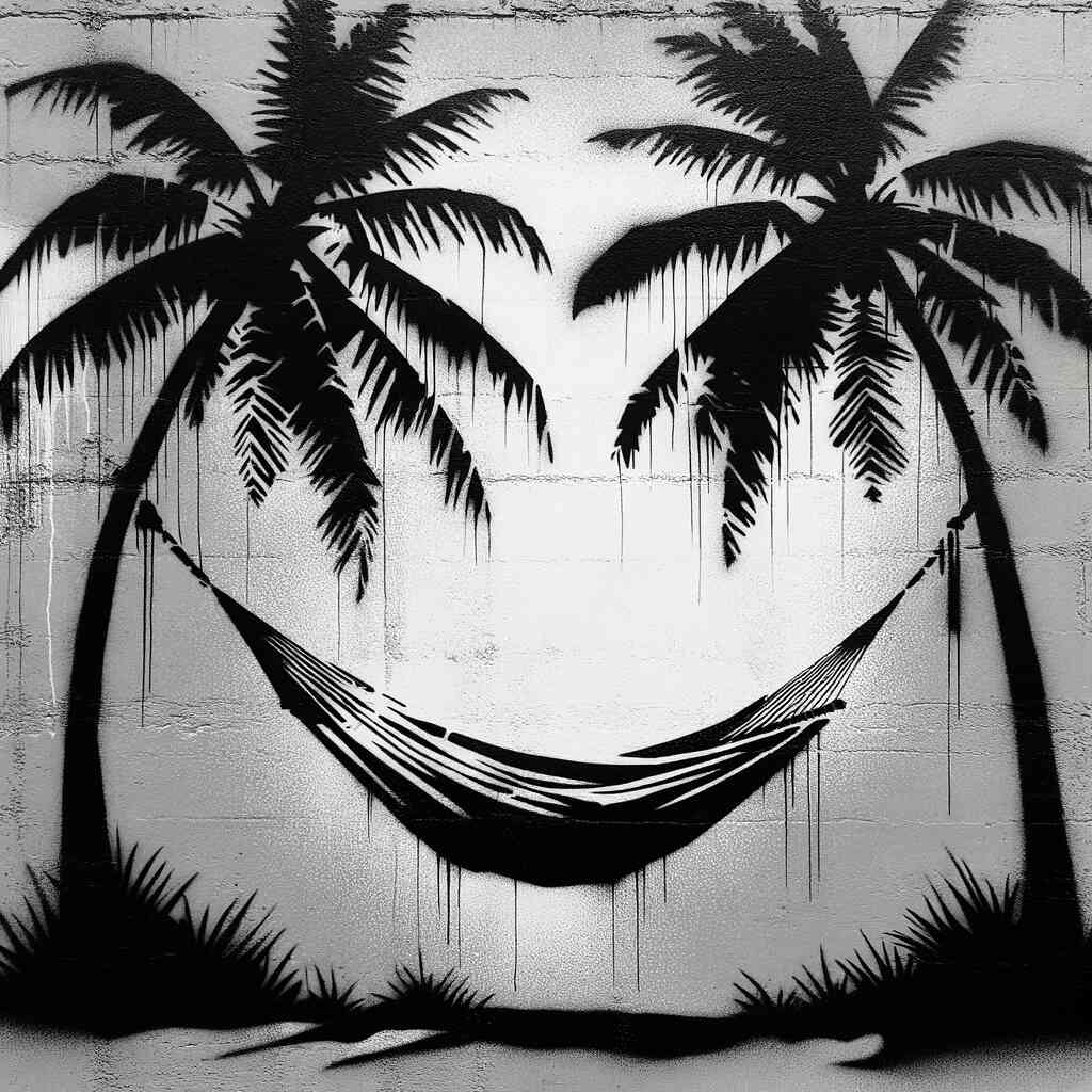 Monochrome painting by numbers kit featuring a tranquil tropical scene with two palm trees and a hammock.