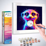 Painting by numbers kit featuring a colorful neon meerkat, complete with paints, brushes, and reference guide.