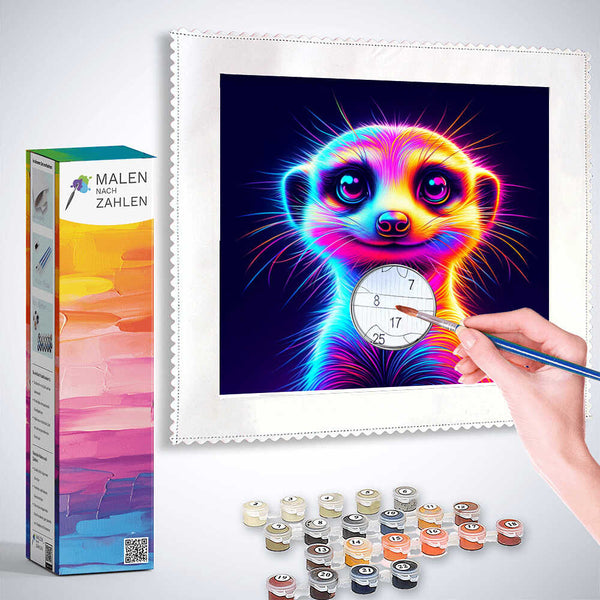 Painting by numbers kit featuring a colorful neon meerkat, complete with paints, brushes, and reference guide.