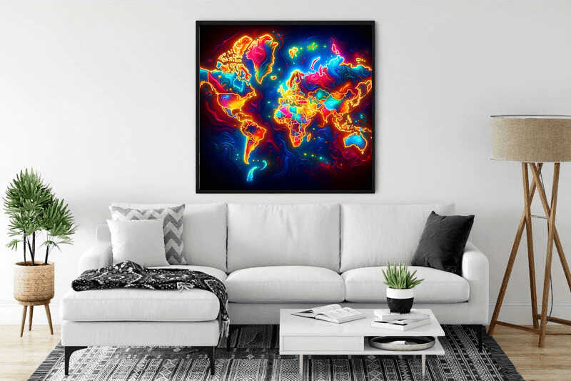 Illuminated world map painting on the wall in modern living room with white sofa and stylish decor.
