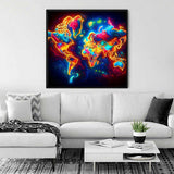 Illuminated world map painting on the wall in modern living room with white sofa and stylish decor.