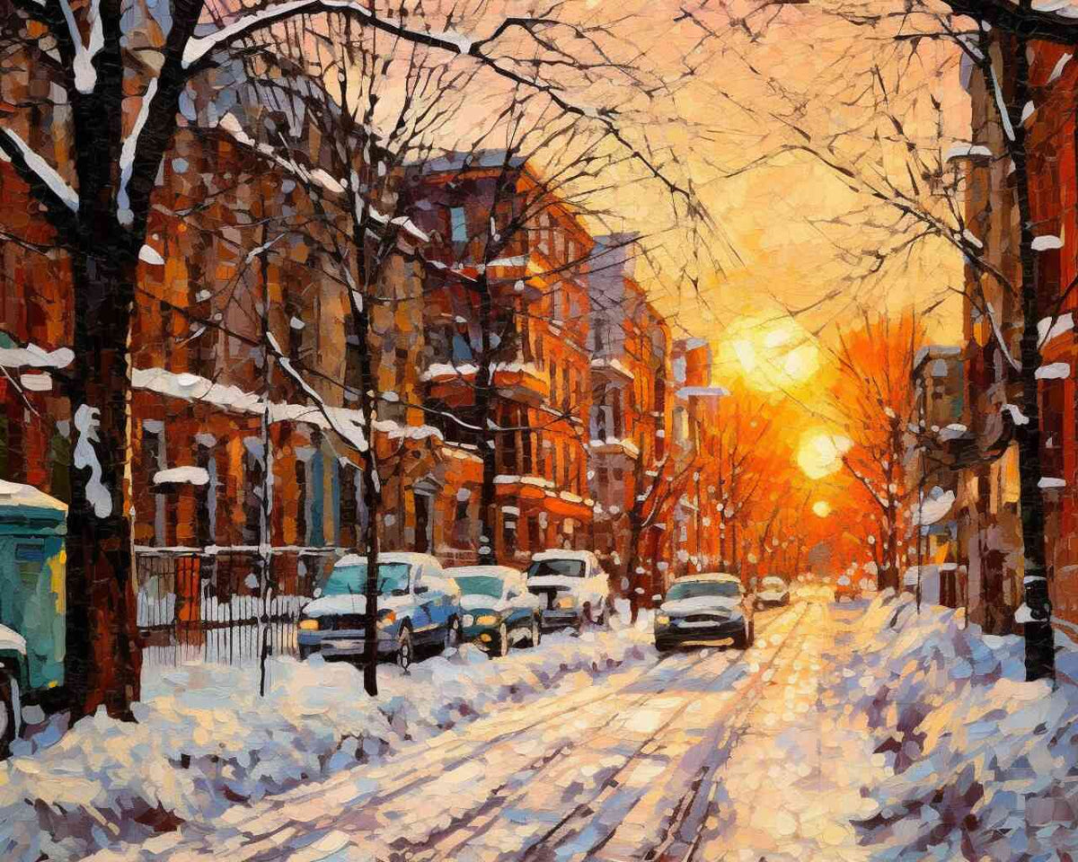 Malen nach Zahlen Winterglanz Abenddämmerung verschneite Straßenszenerie Sonnenuntergang orangene und rote Töne kontrastieren mit Blau und Weiß