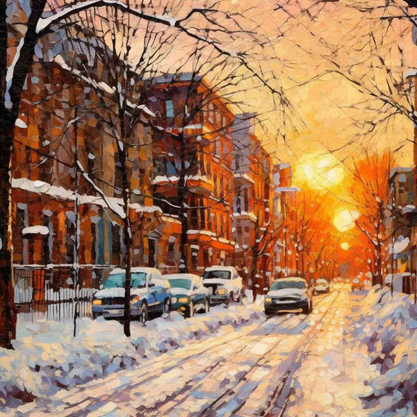 Malen nach Zahlen Winterglanz Abenddämmerung verschneite Straßenszenerie Sonnenuntergang orangene und rote Töne kontrastieren mit Blau und Weiß