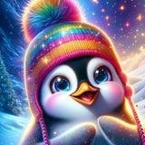 Cute penguin wearing a colorful knitted hat in a snowy, starry winter scene.
