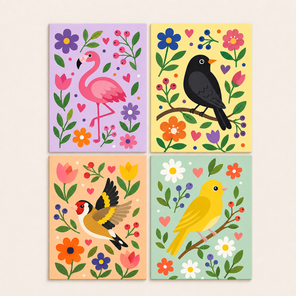 Colorful Birds 4er SET - Mini Malen nach Zahlen