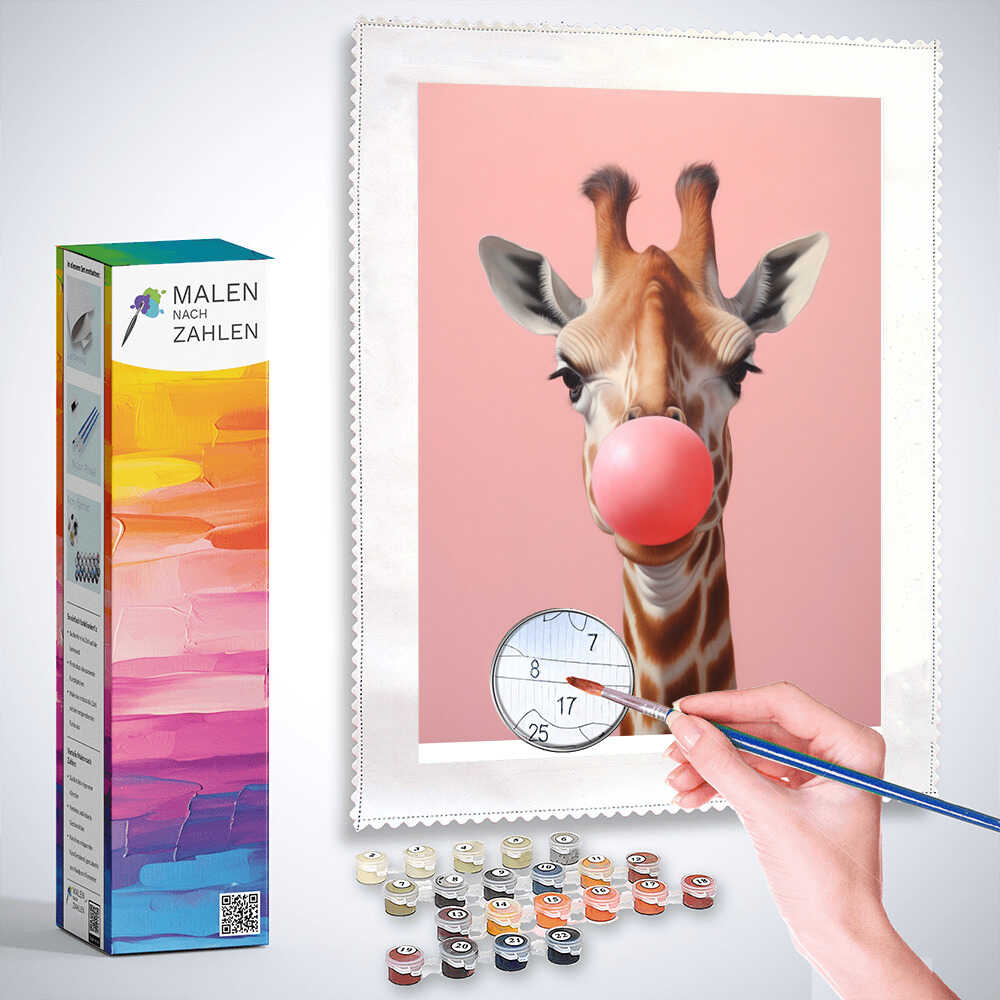Paint by numbers - Giraffe with pink bubble gum painting kit against a pink background, includes brush and paint containers.