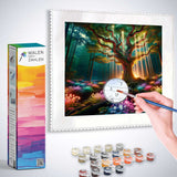 Person painting a vibrant enchanted forest scene with a paint-by-numbers kit titled 