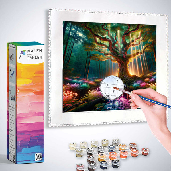 Person painting a vibrant enchanted forest scene with a paint-by-numbers kit titled "Malen nach Zahlen - Geheimnisvolles Leuchten im Zauberwald"