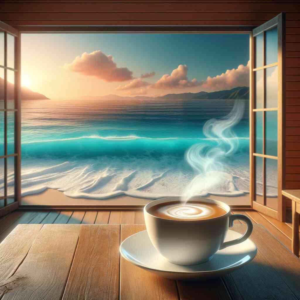 A steaming cup of coffee on a wooden table with an open window view of the sea and a sunny sky, ideal for painting relaxation.