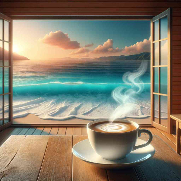A steaming cup of coffee on a wooden table with an open window view of the sea and a sunny sky, ideal for painting relaxation.