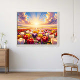 Malen nach Zahlen - Strahlender Morgen Tulpenfeld-Gemälde, Sonnenaufgang über bunten Tulpen im impressionistischen Stil an der Wand