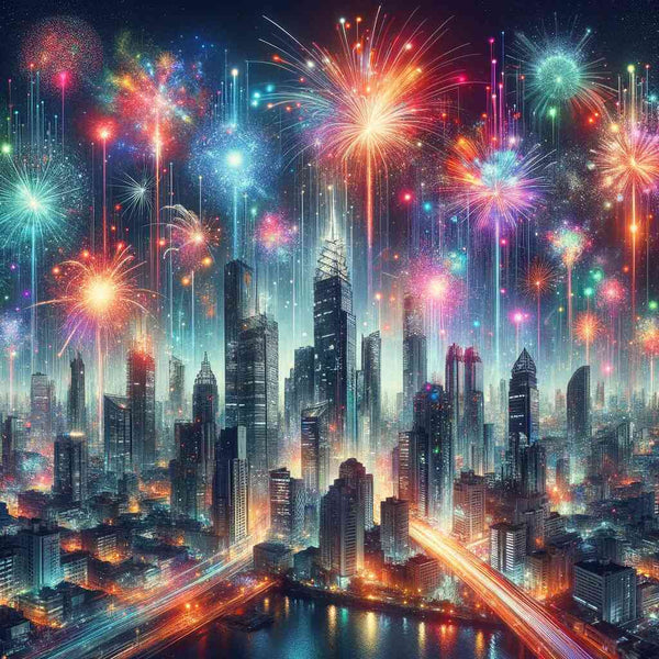Vibrant fireworks display over a bustling city skyline at night, capturing the essence of Malen nach Zahlen - Feuerwerk der Gefühle.