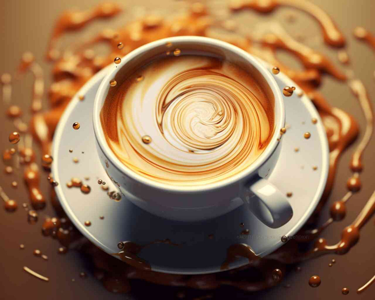 Malen nach Zahlen Kunstwerk Kaffee Wirbel der Leidenschaft in cremigen Brauntönen mit dynamischen Tropfen und leuchtenden Reflexionen