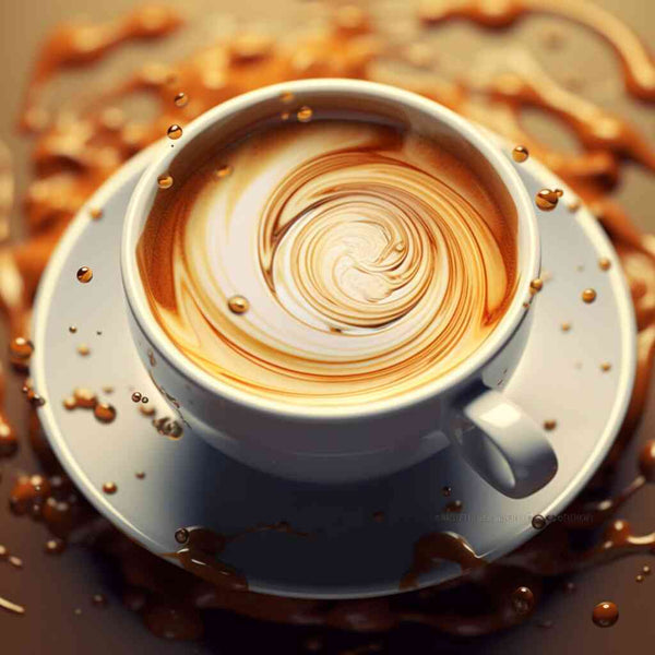 Malen nach Zahlen Kunstwerk Kaffee Wirbel der Leidenschaft in cremigen Brauntönen mit dynamischen Tropfen und leuchtenden Reflexionen