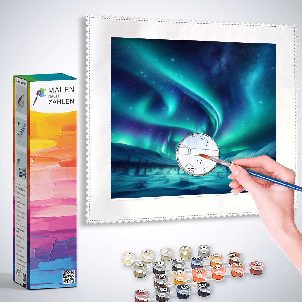 Painting by numbers kit featuring a serene Polarlichter Wunderland scene with paints, brush, and color-coded canvas.
