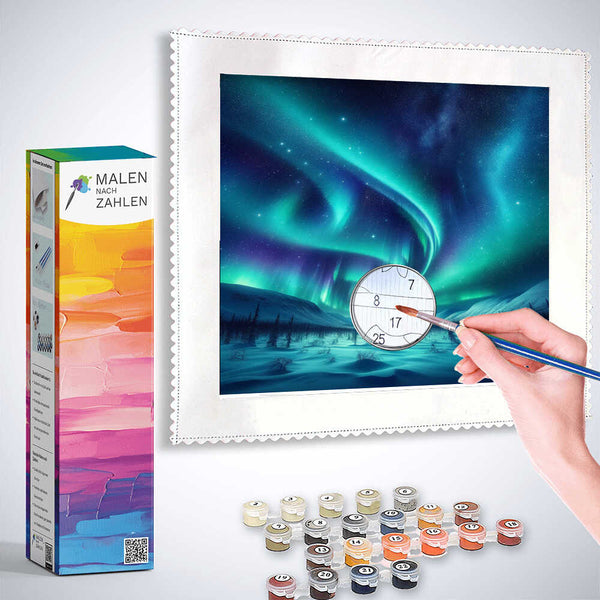 Painting by numbers kit featuring a serene Polarlichter Wunderland scene with paints, brush, and color-coded canvas.