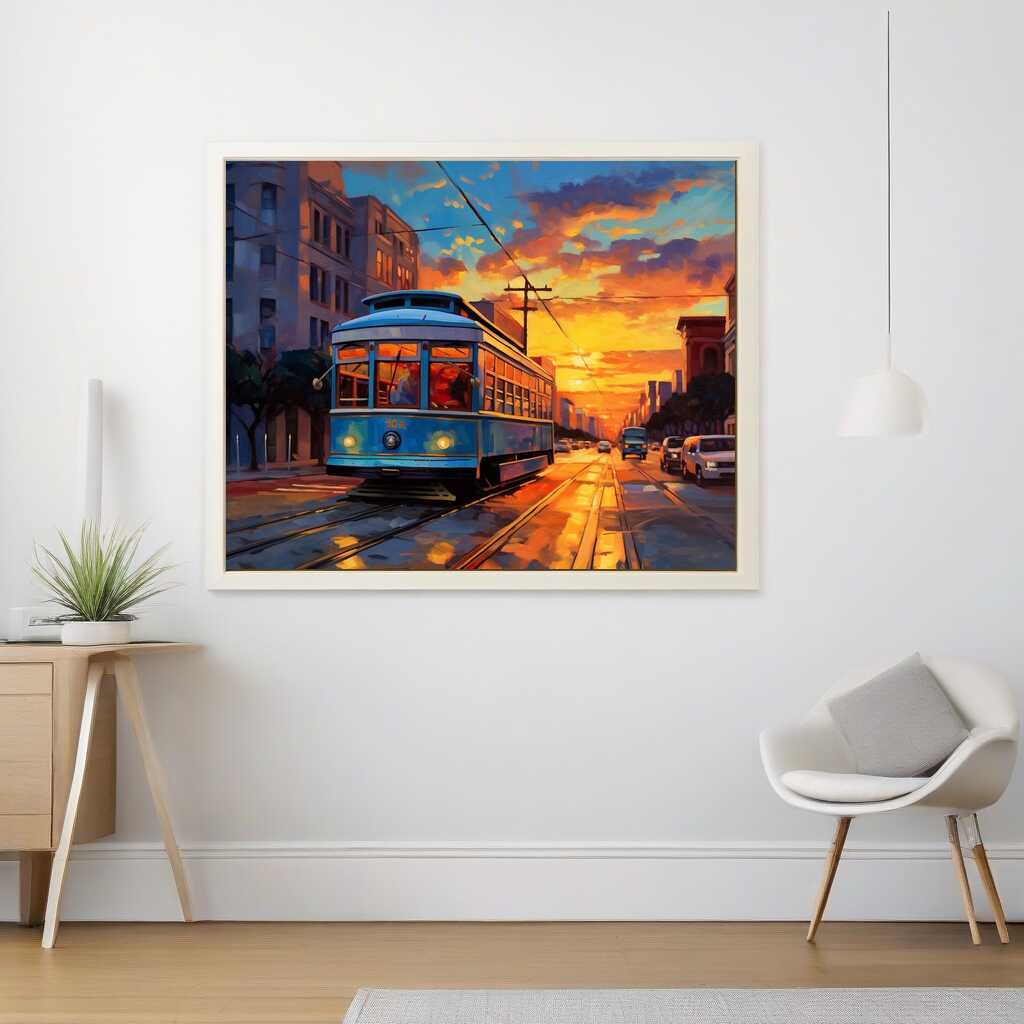 Modern-impressionist painting of a tram glowing in warm light gliding through a city at sunset with an orange-red sky reflecting on the tracks