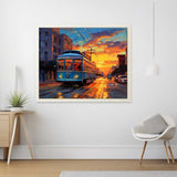 Modern-impressionist painting of a tram glowing in warm light gliding through a city at sunset with an orange-red sky reflecting on the tracks