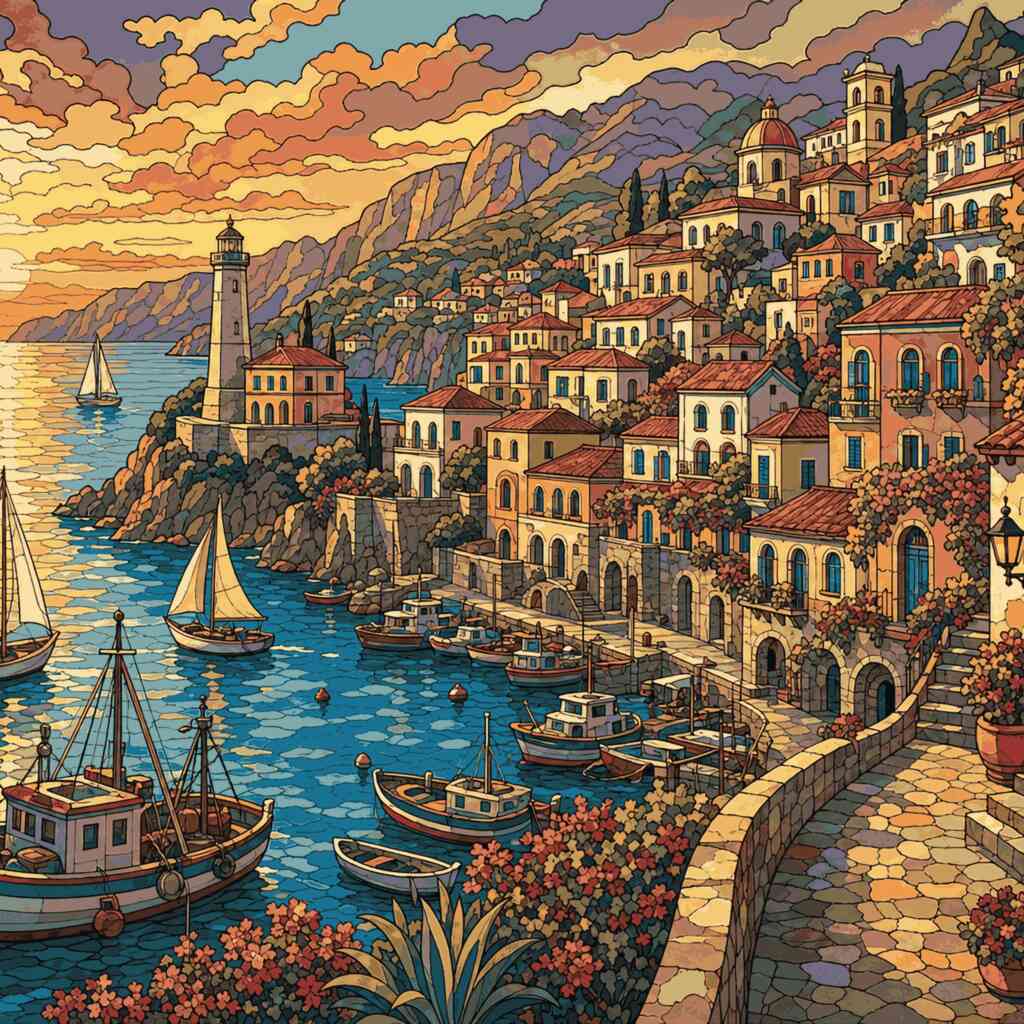 Malen nach Zahlen - Sonnenuntergang in Amalfi – Mediterrane Magie