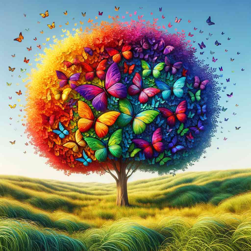 Colorful tree with vibrant butterflies in a field, representing "Malen nach Zahlen - Baum der Schmetterlingfreunde."