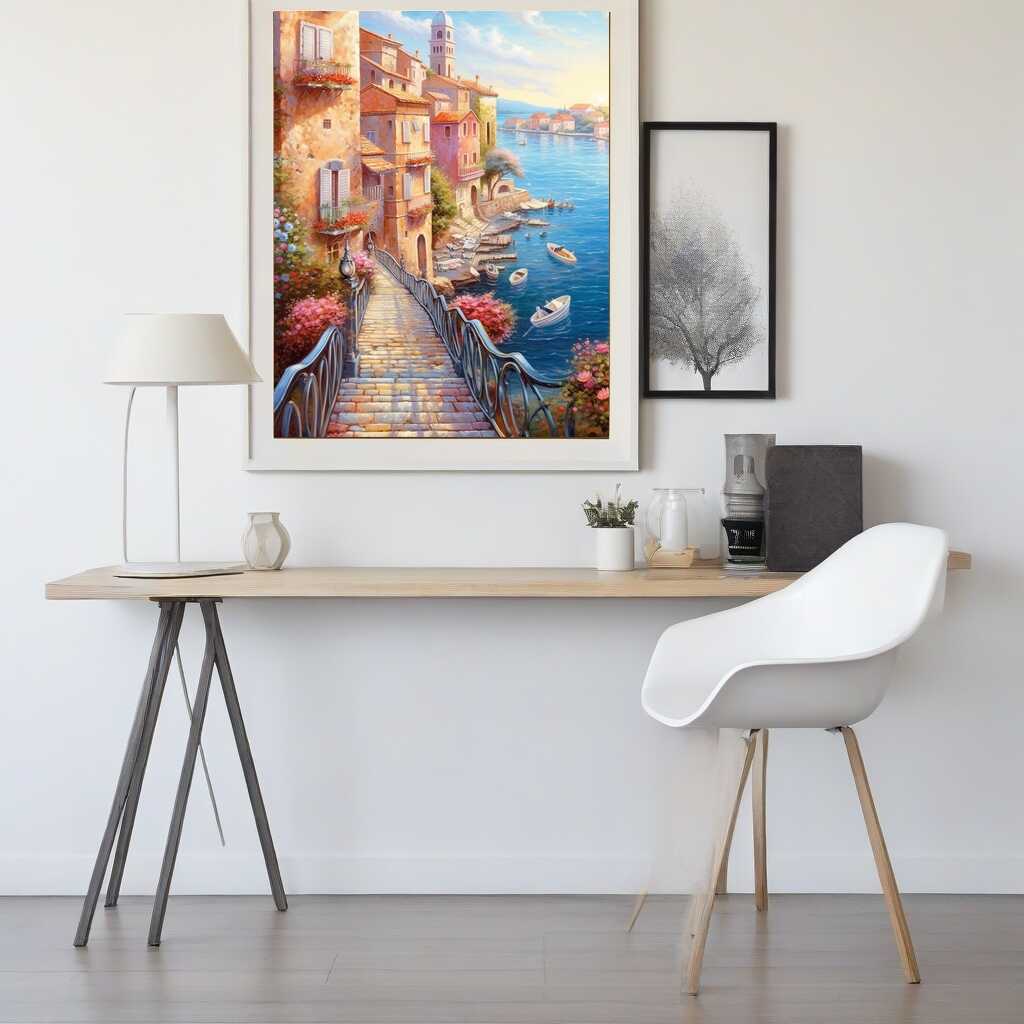 "Malen nach Zahlen Gemälde - Mediterranes Idyll mit Meeresbrücke an der Wand in modernem Zimmer"