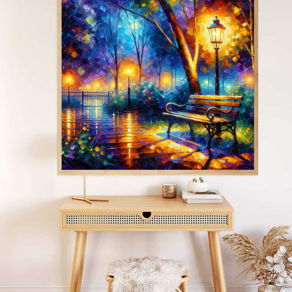 Malen nach Zahlen-Lichterspiel mit Bank-Gemälde auf Holzschreibtisch im modernen Wohnraum