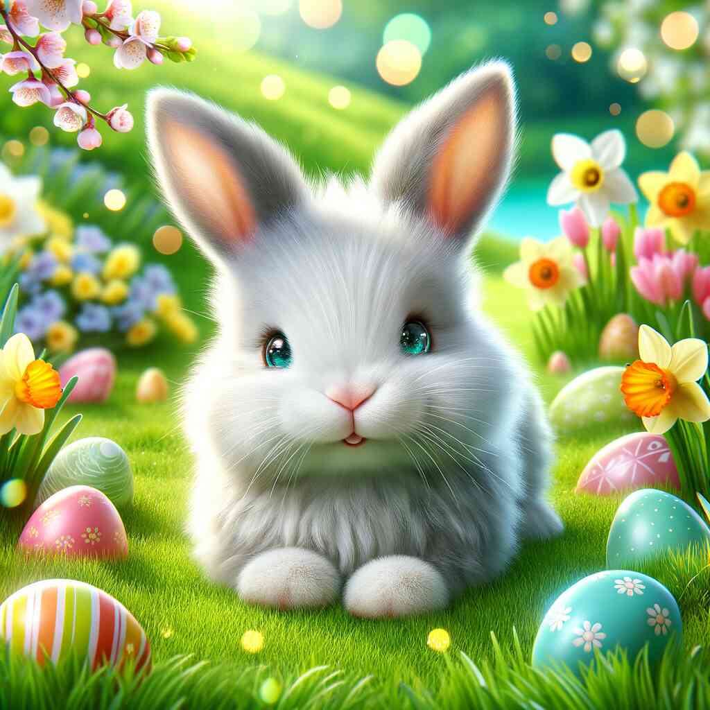 Cute white bunny in a spring meadow with Easter eggs and colorful flowers blossoming around.