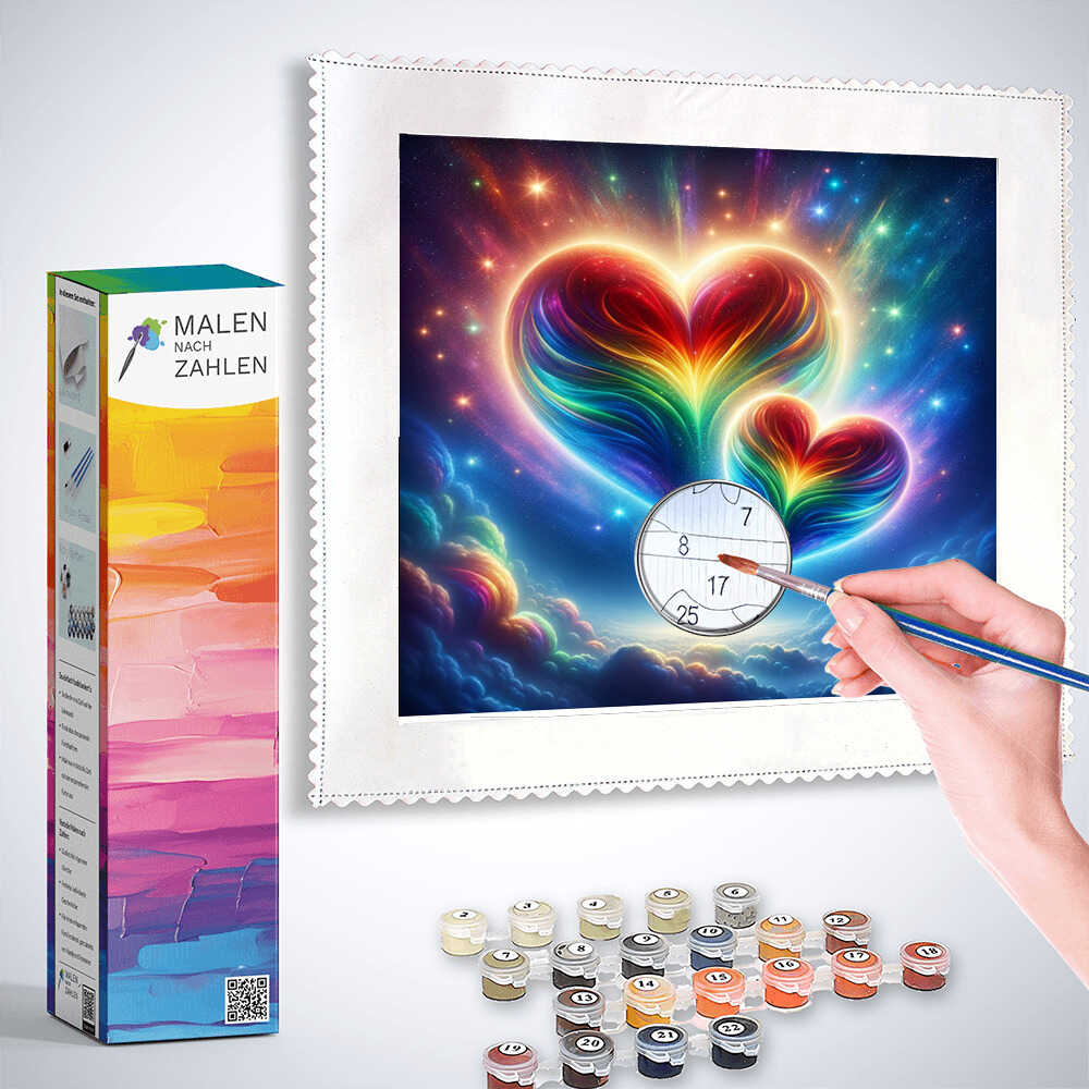 Malen nach Zahlen - Kosmische Herzensmelodie painting kit with vibrant heart design and numbered paint pots.