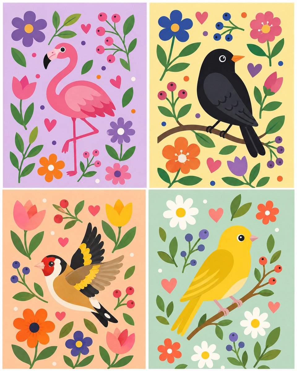 Colorful Birds 4er SET - Mini Malen nach Zahlen