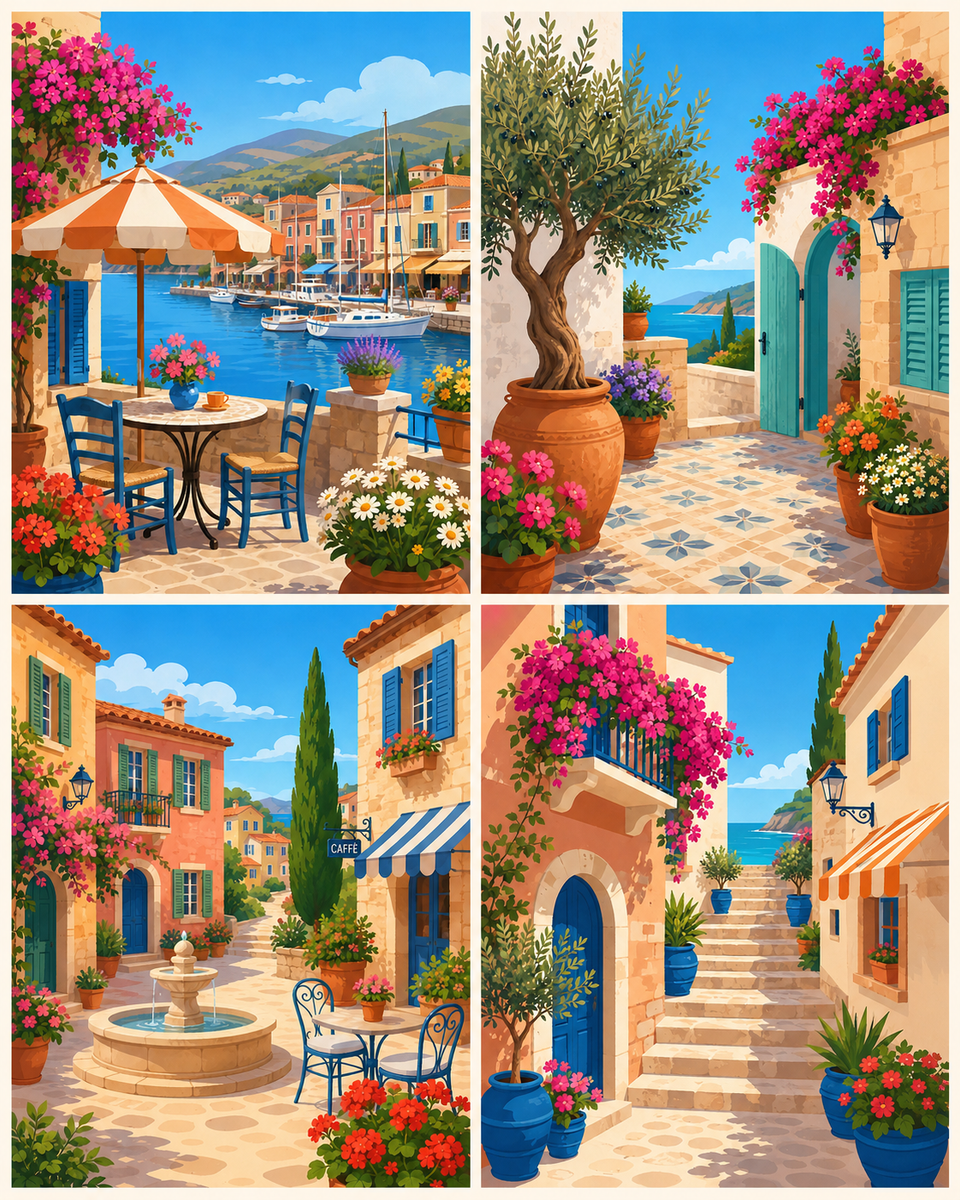 Mediterrane Lebensfreude 4er SET - Mini Malen nach Zahlen