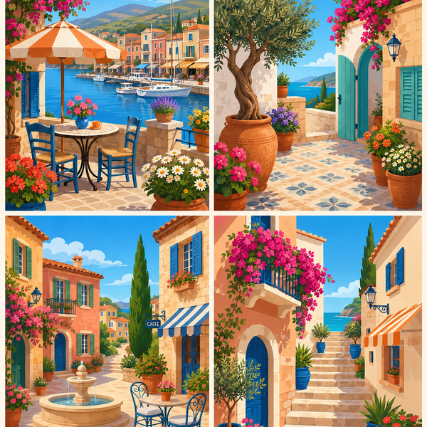 Mediterrane Lebensfreude 4er SET - Mini Malen nach Zahlen