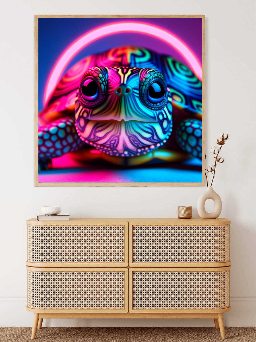 Colorful painting of a turtle with neon hues in modern living room decor.