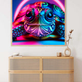 Colorful painting of a turtle with neon hues in modern living room decor.