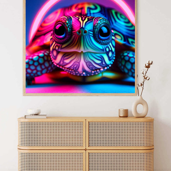 Colorful painting of a turtle with neon hues in modern living room decor.