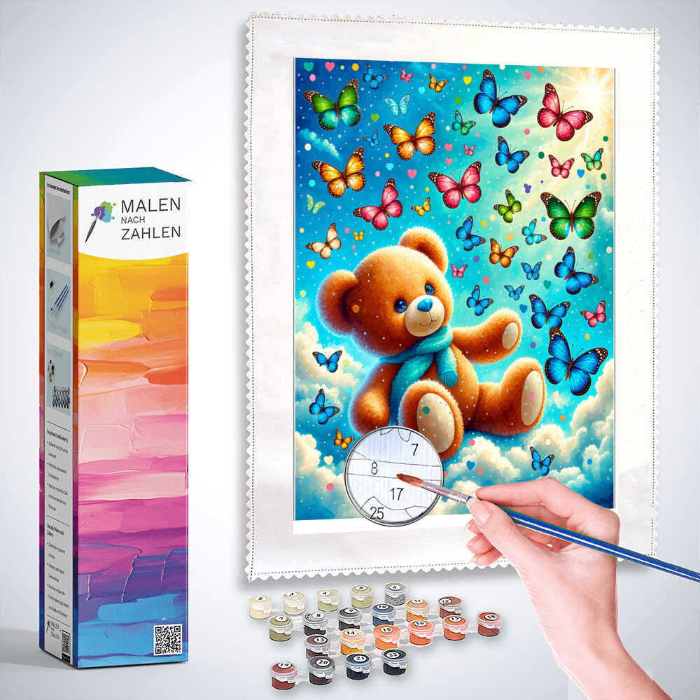Malen nach Zahlen - Teddy umgeben von Schmetterlingen