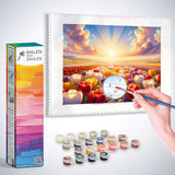 Malen nach Zahlen Kit - Strahlender Morgen - Tulpenfelder im Sonnenaufgang - Impressionistisches Gemälde mit leuchtenden Farben