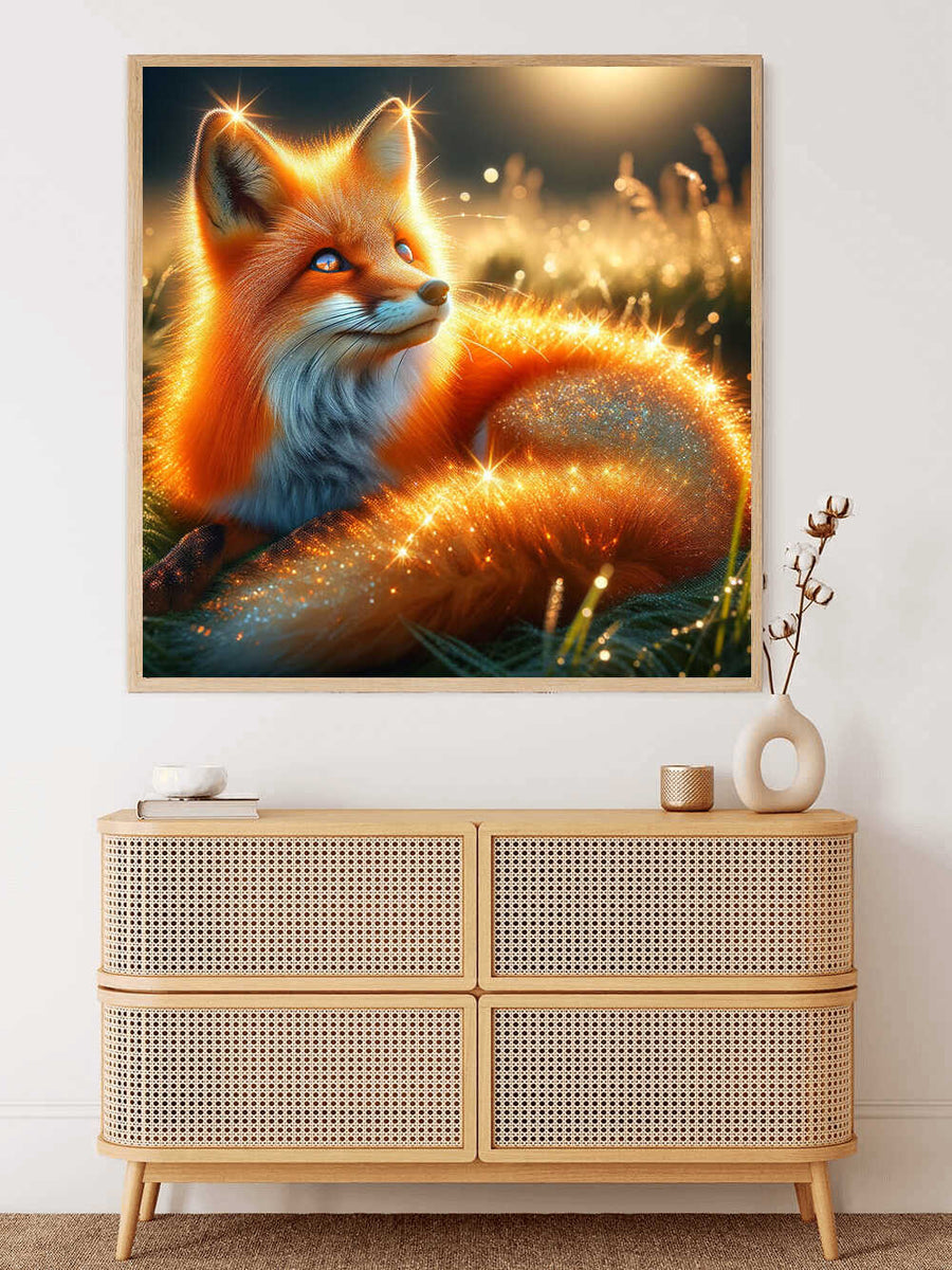Painting of a glowing fox in a field displayed above a modern wicker dresser in a stylish room.