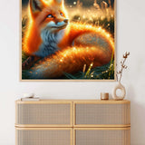 Painting of a glowing fox in a field displayed above a modern wicker dresser in a stylish room.