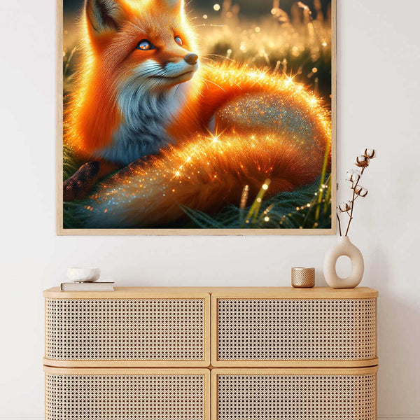 Painting of a glowing fox in a field displayed above a modern wicker dresser in a stylish room.