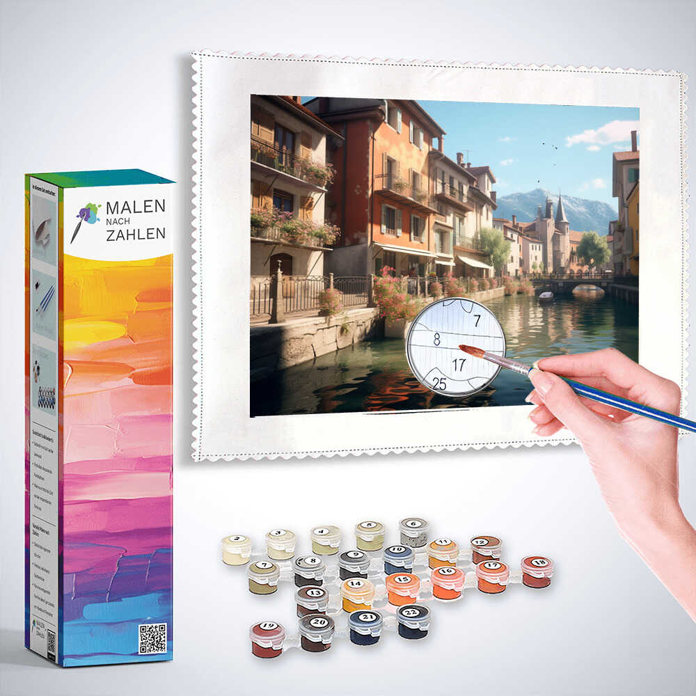Malen nach Zahlen Set mit mediterraner Stadtansicht, detaillierte Pinselarbeit mit Farbpalette und idyllischer Kanal-Szenerie