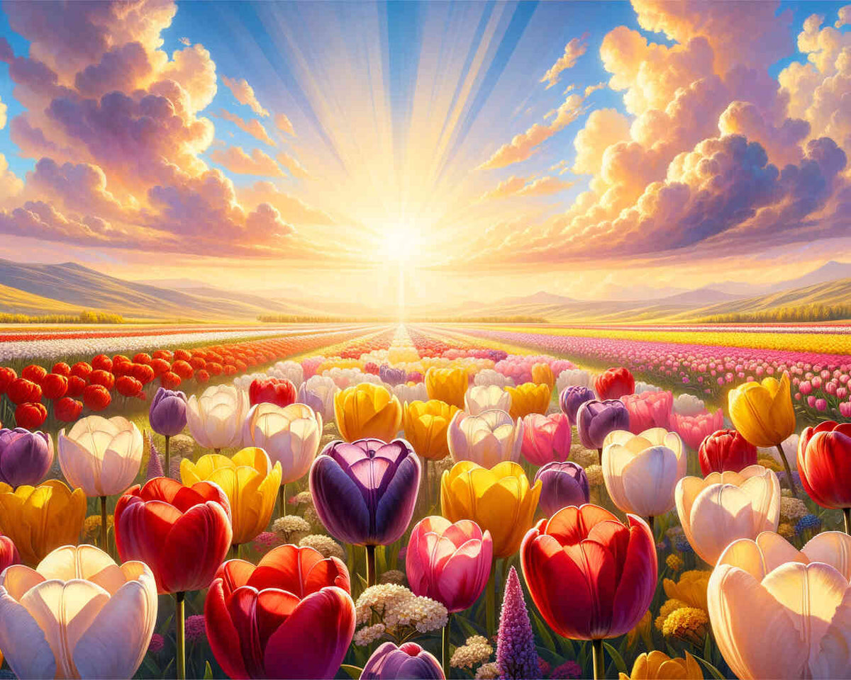 "Strahlender Morgen" Malen nach Zahlen Bild mit bunten Tulpenfeldern im Sonnenaufgang, impressionistischer Stil, pulsierende Farben.