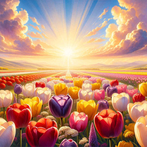 "Strahlender Morgen" Malen nach Zahlen Bild mit bunten Tulpenfeldern im Sonnenaufgang, impressionistischer Stil, pulsierende Farben.