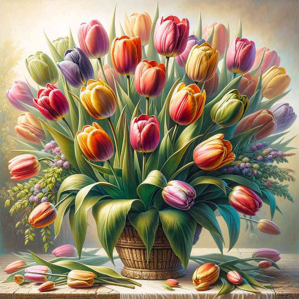 Malen nach Zahlen - Tulpenpracht im Morgenlicht, buntes Blumenarrangement von Tulpen in einem Korb, ideal für entspannende Kunstprojekte