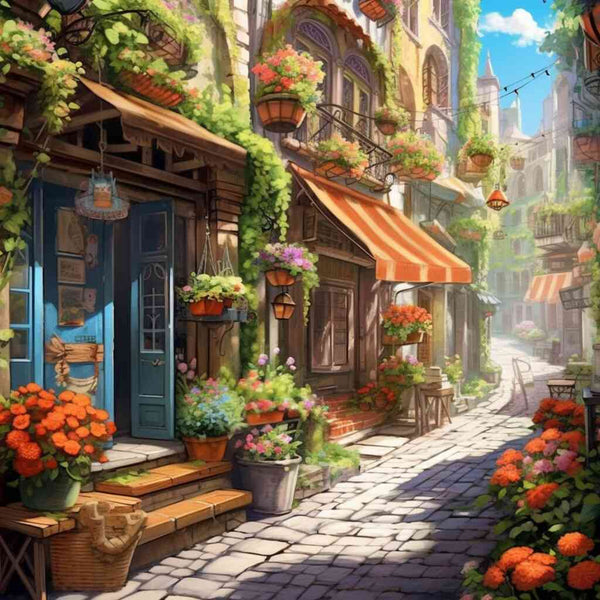 Malen nach Zahlen - Mediterranes Flüstern, malerisches Dorf mit blühenden Blumen und sonnengetränkten Gassen, warmen Orangetönen und Grün.