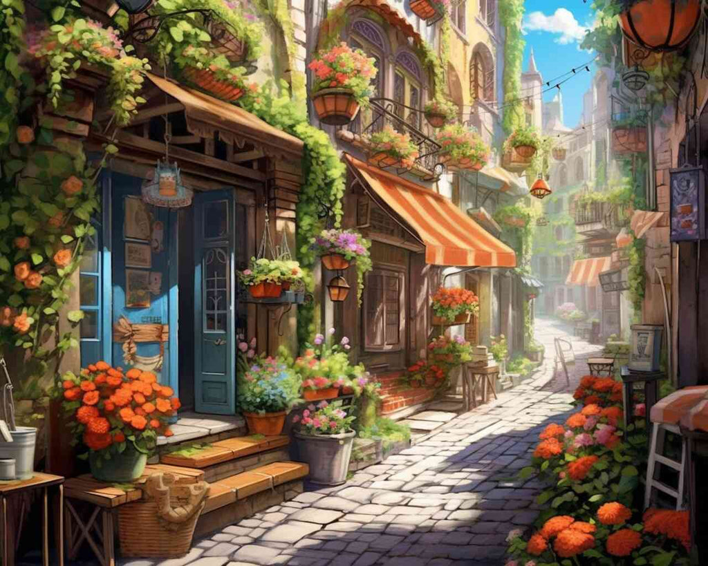 Malen nach Zahlen - Mediterranes Flüstern, malerisches Dorf mit blühenden Blumen und sonnengetränkten Gassen, warmen Orangetönen und Grün.