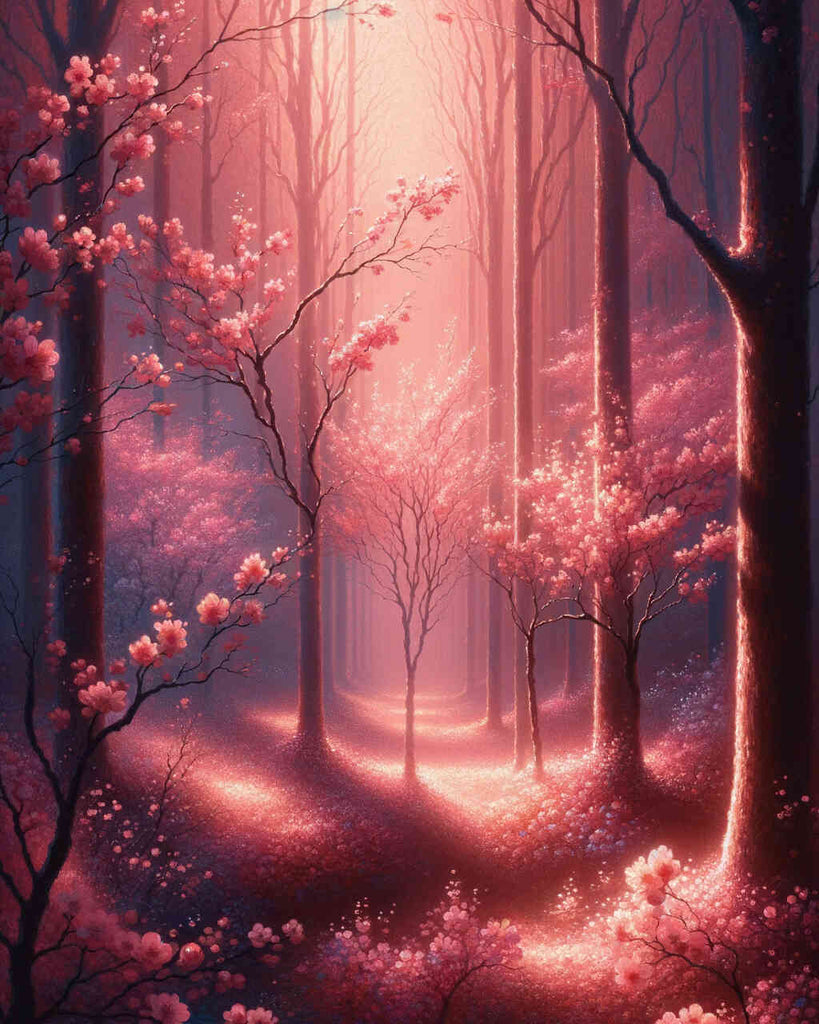 Wald mit rosa Blumen – Malen nach Zahlen